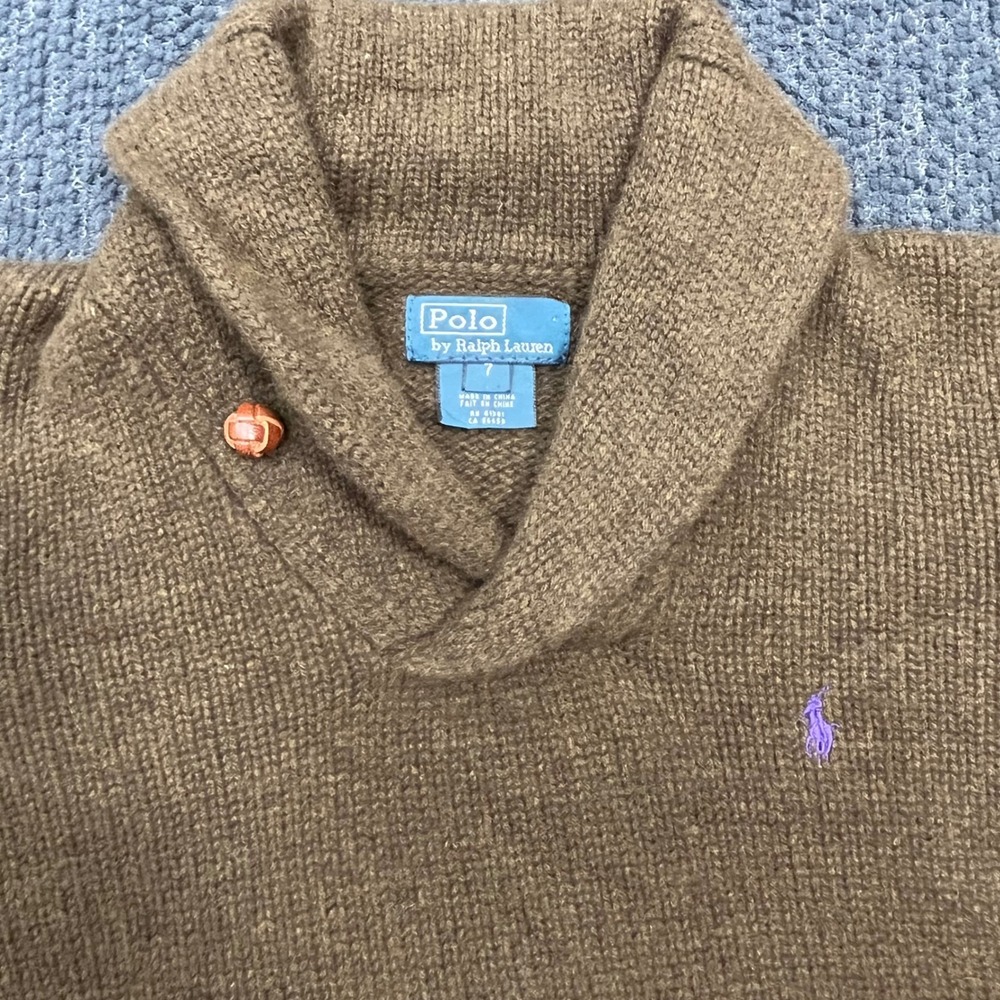 Polo Ralph Lauren Kids Brown Wool Cashmere Shawl Collar Knit Sweater Size 7 - Picture 3 of 7